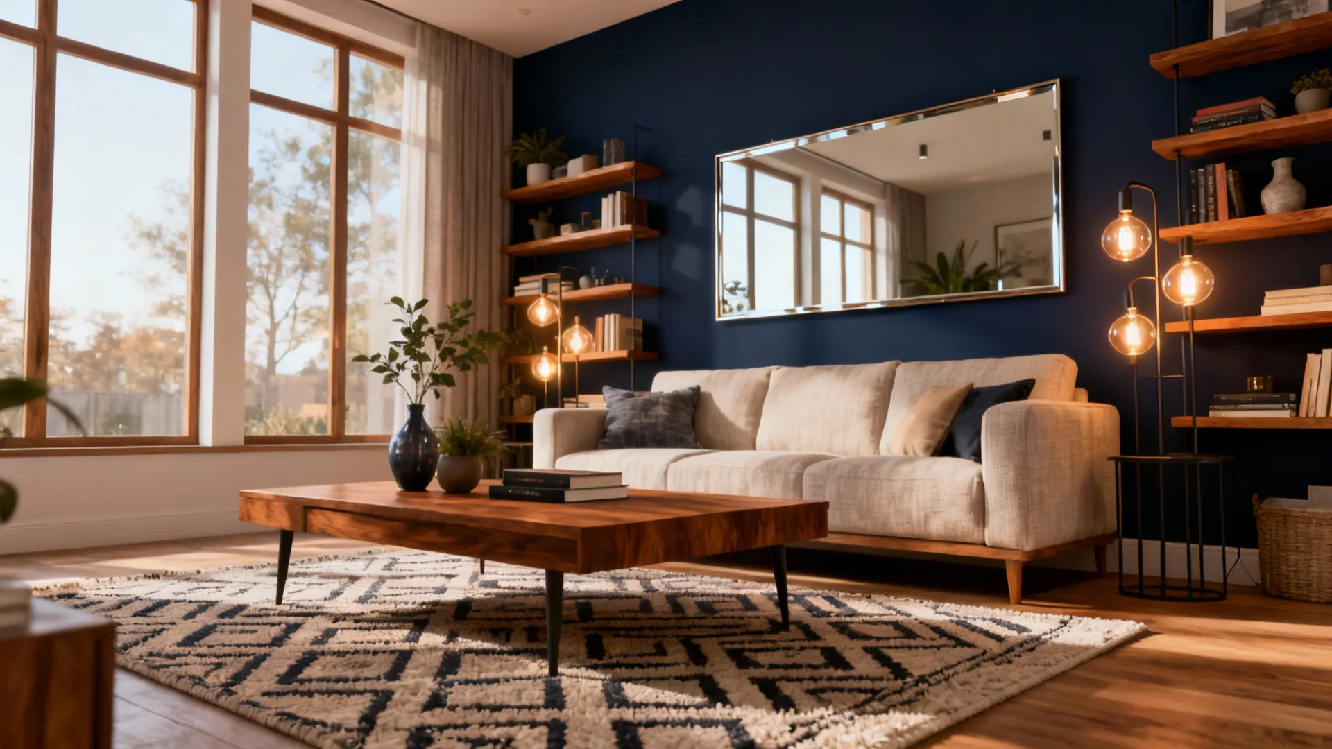 Navy feature wall paired with warm oak shelving and a linen sofa in a small living room.