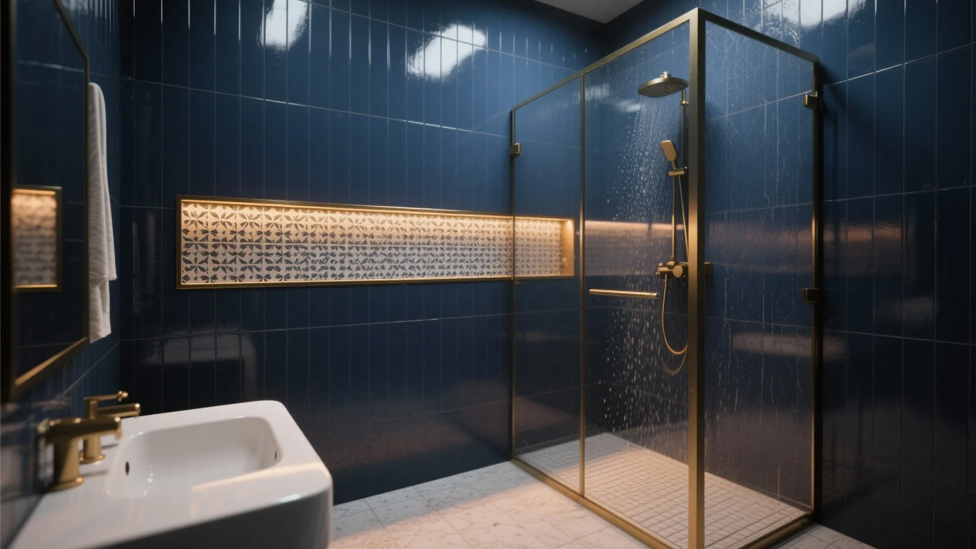 3. Full navy-tiled wet zone for drama