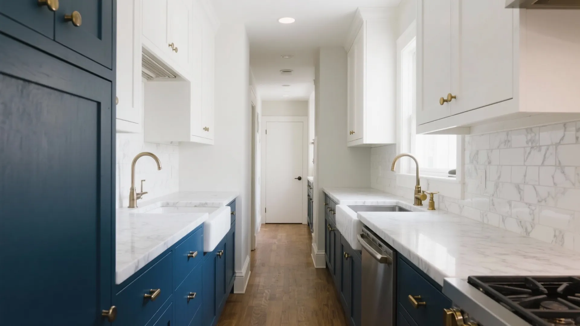 Galley kitchen featuring navy blue lower cabinets white upper cabinets marble countertops gold faucets and sink