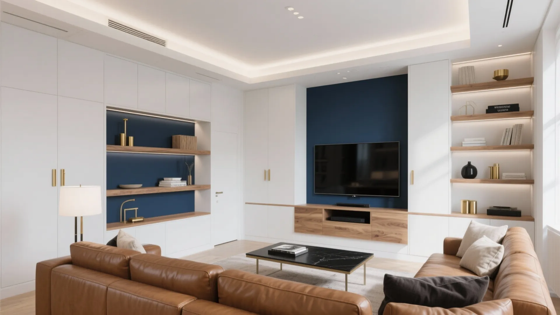 Large living room with white cabinets navy blue accent wall leather sofas and marble table