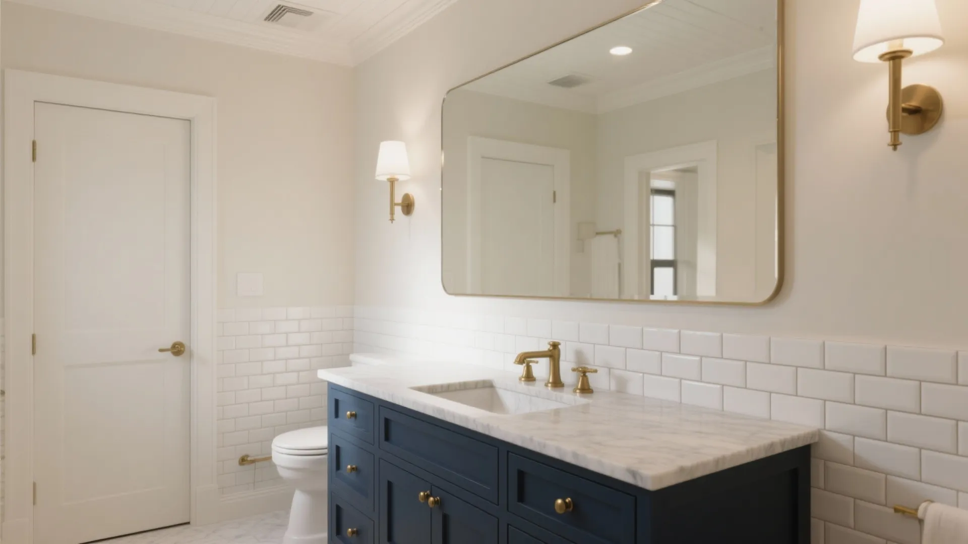 Navy blue bathroom cabinet with white marble top gold water tap and large wall mirror
