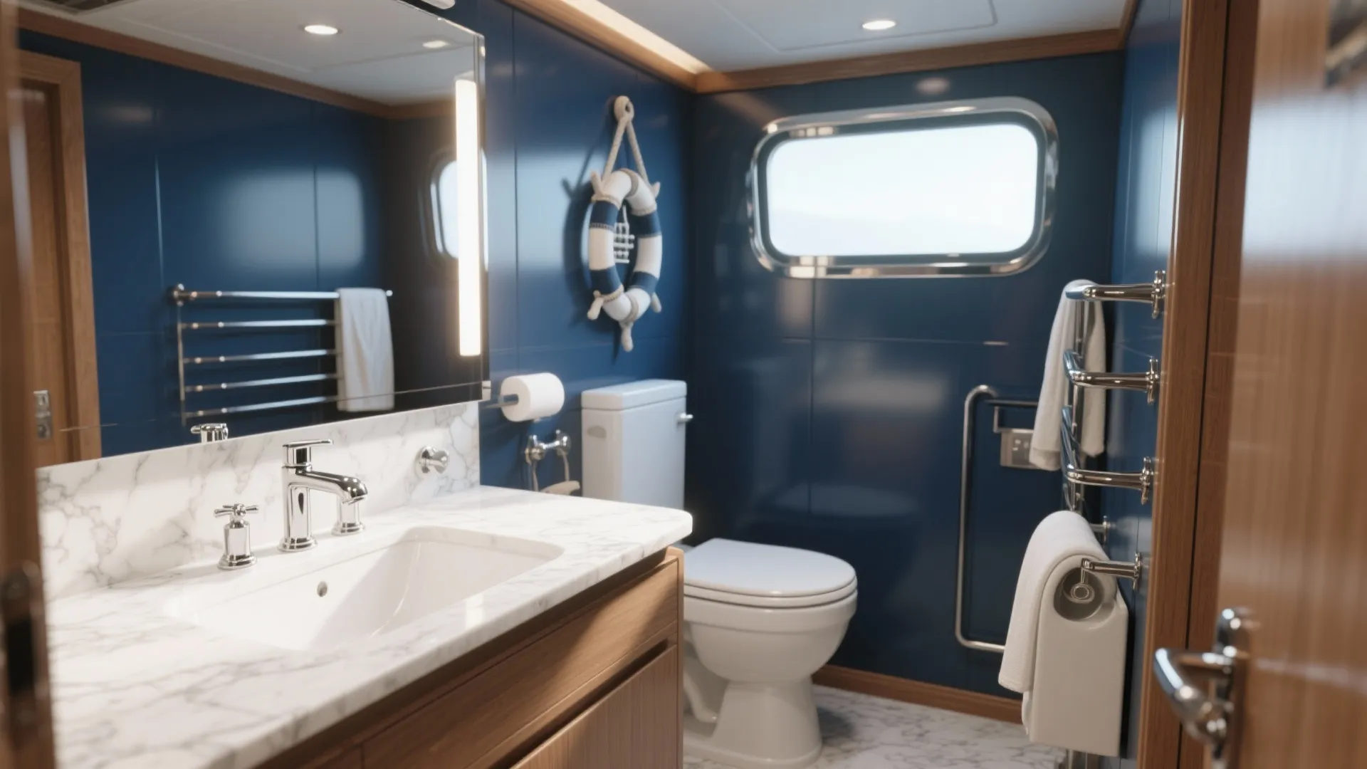 Modern blue bathroom with marble sink and wooden cabinet and toilet and small boat window