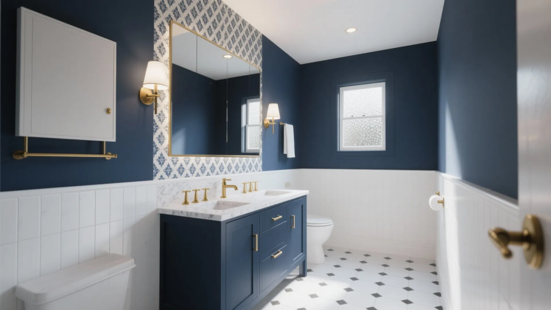 Navy blue bathroom with white wall panels navy blue cabinet large mirror and gold light fixtures