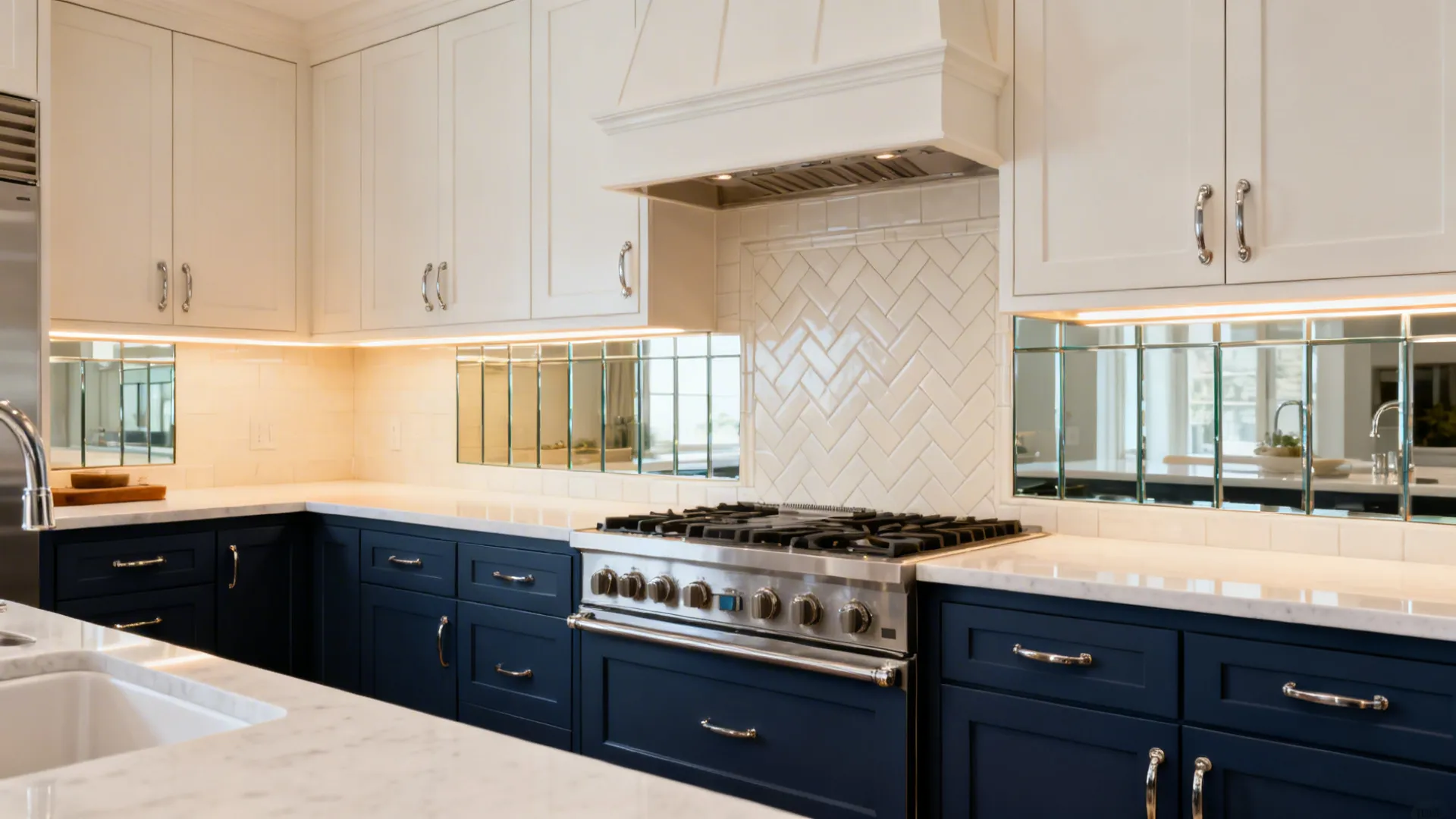 Navy base cabinets with warm white uppers and a glass backsplash that brightens the kitchen.