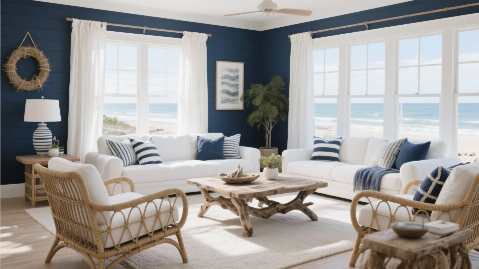 Coastal-style living room with navy and white palette