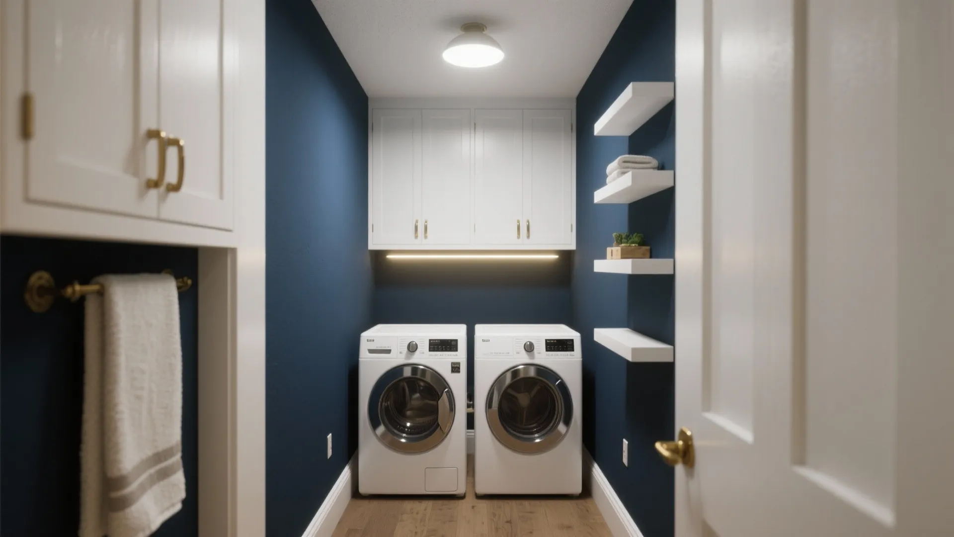 Small laundry room with navy blue walls, white washing machines, overhead cabinets, and floating shelves