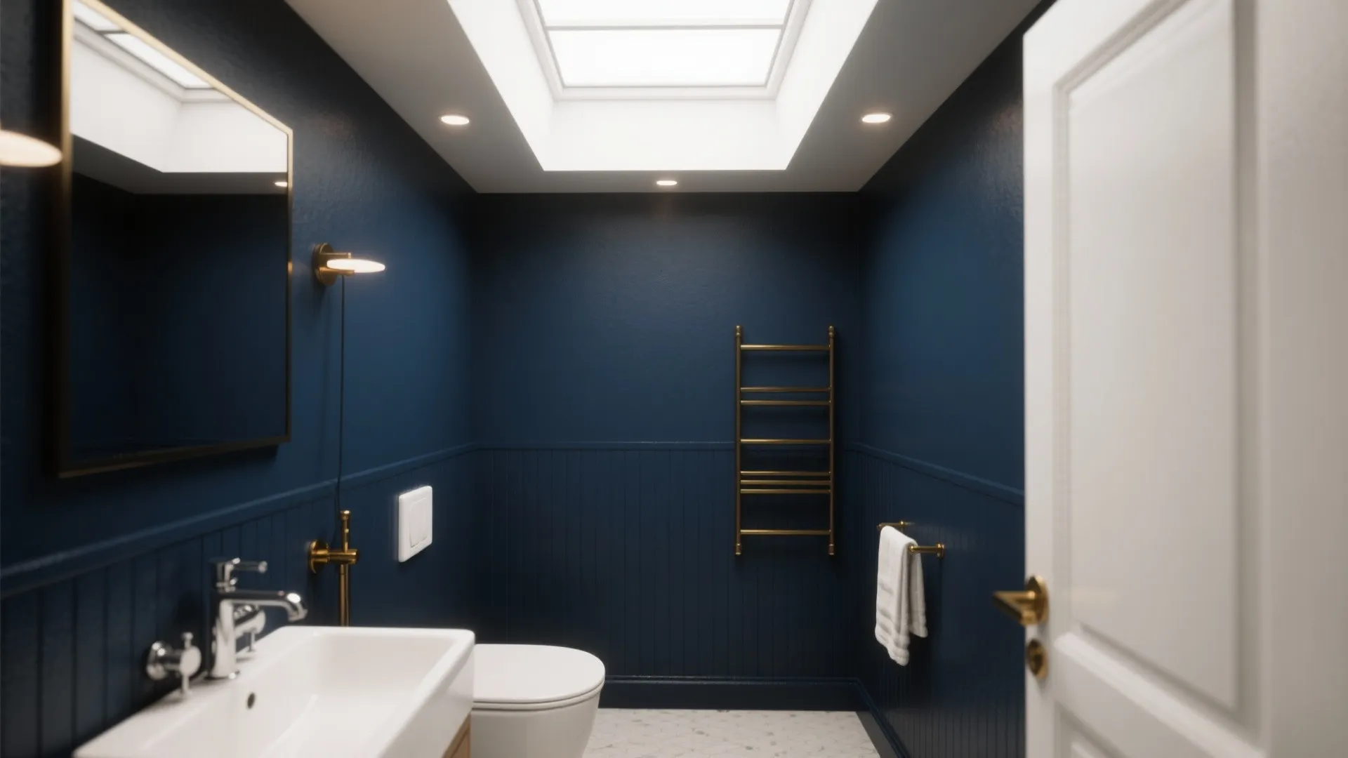 1. Navy Walls + White Fixtures for High Contrast