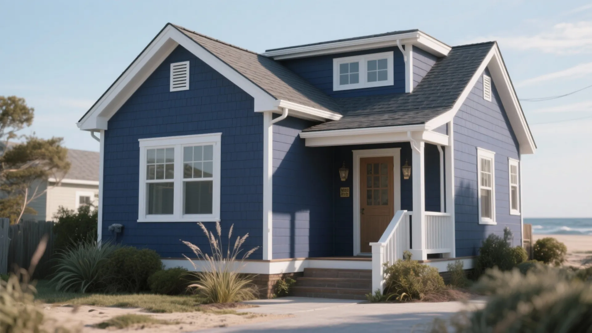Small blue house with white trim brown wood front door and small porch near beach