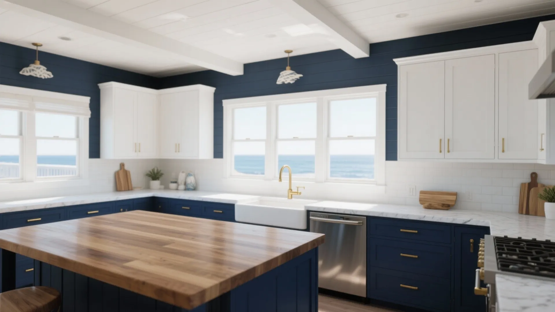 Coastal kitchen with navy blue cabinets white wall cabinets wooden island and ocean view from windows