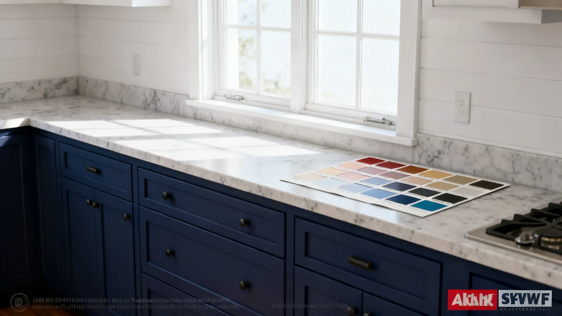 4. Navy Blue Cabinets + Soft White Walls