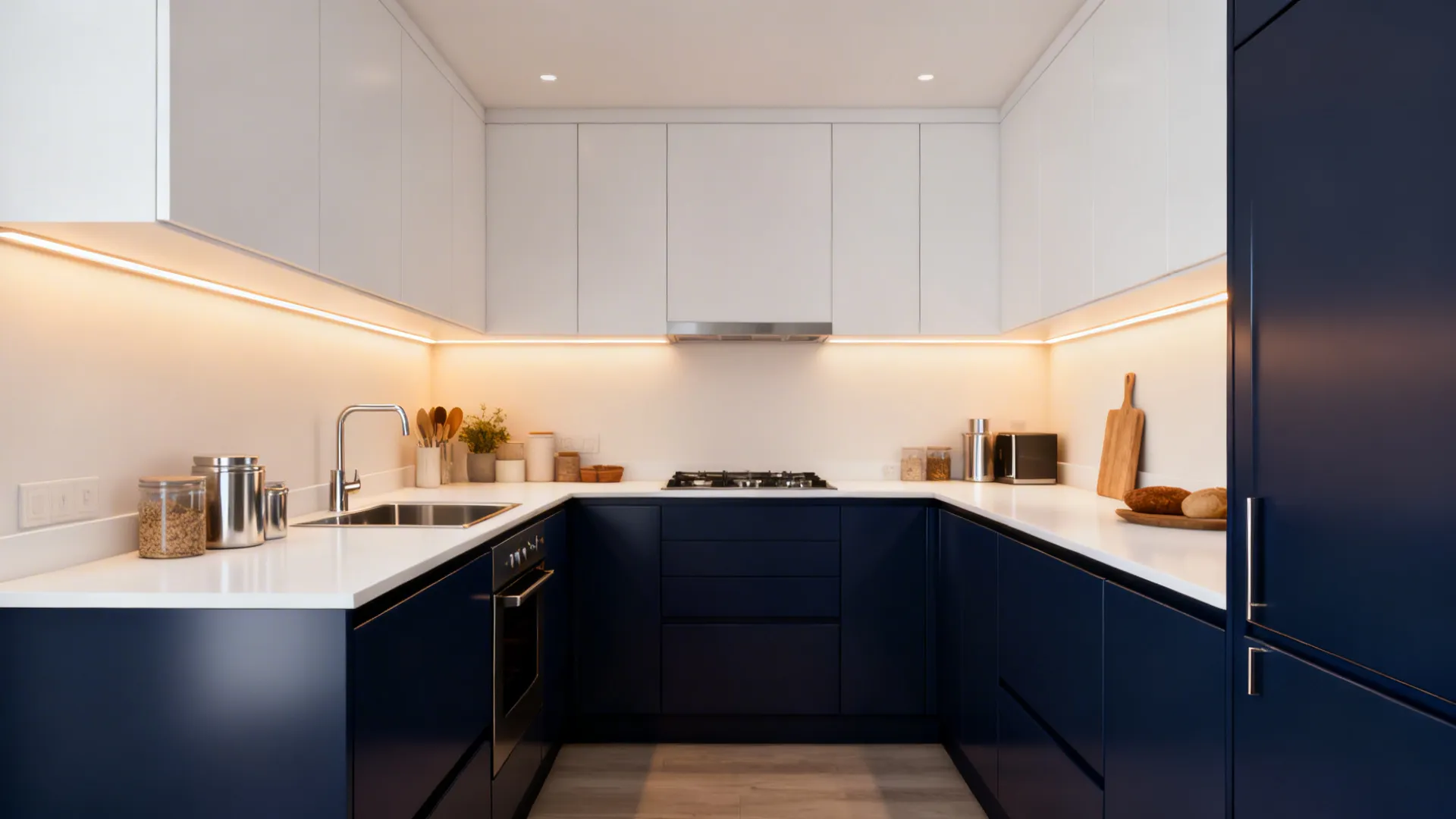 5) Navy + White + Warm LED (Classic with Modern Light)