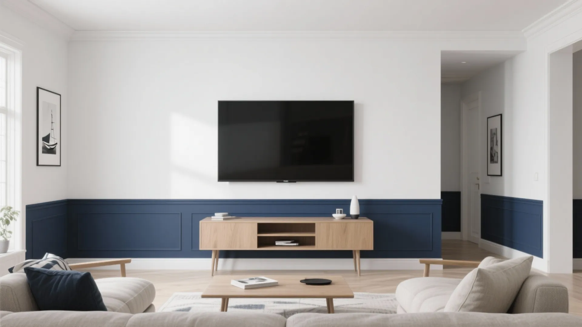 Modern living room with white walls, navy blue wall panel, television, wooden cabinet, coffee table