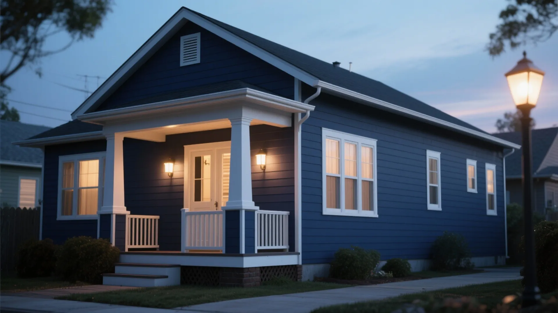 Dark blue small house with white window frames and porch lights on a green grass lawn