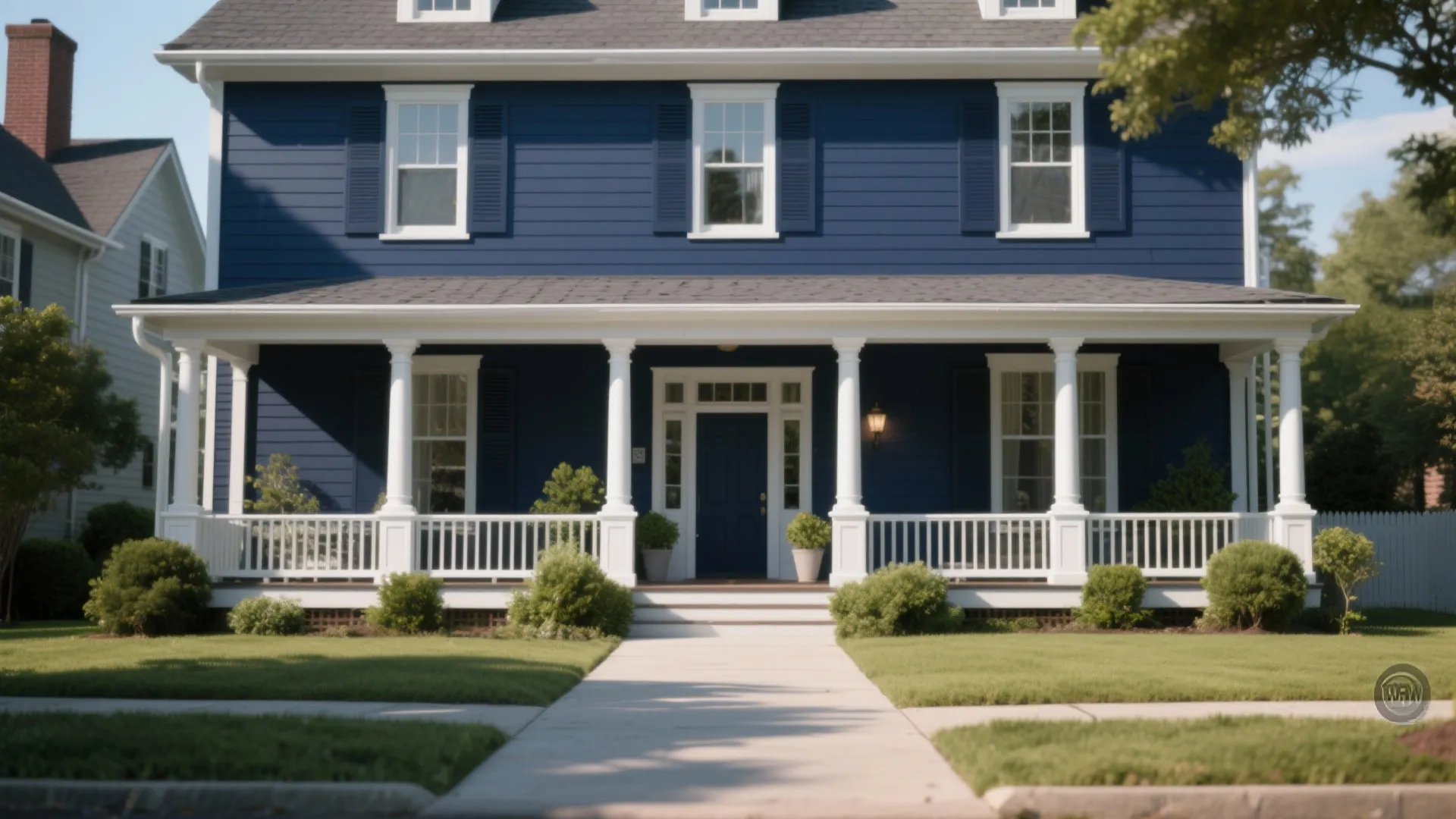 Two story blue house with white columns on front porch and a green grass lawn