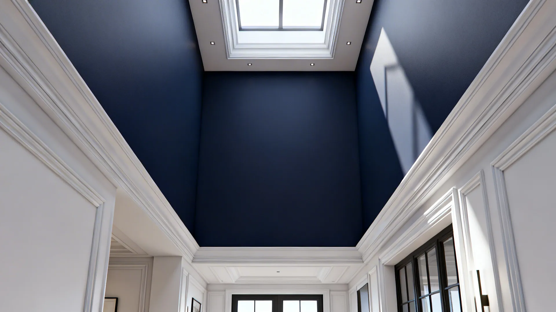 Navy accent wall with crisp white trim and ceiling creating a taller feel.