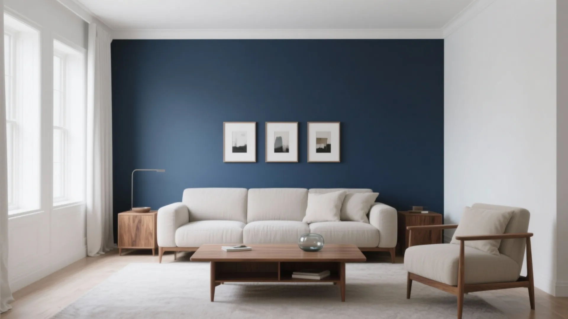 Modern living room with navy blue accent wall white sofa wooden coffee table and framed art