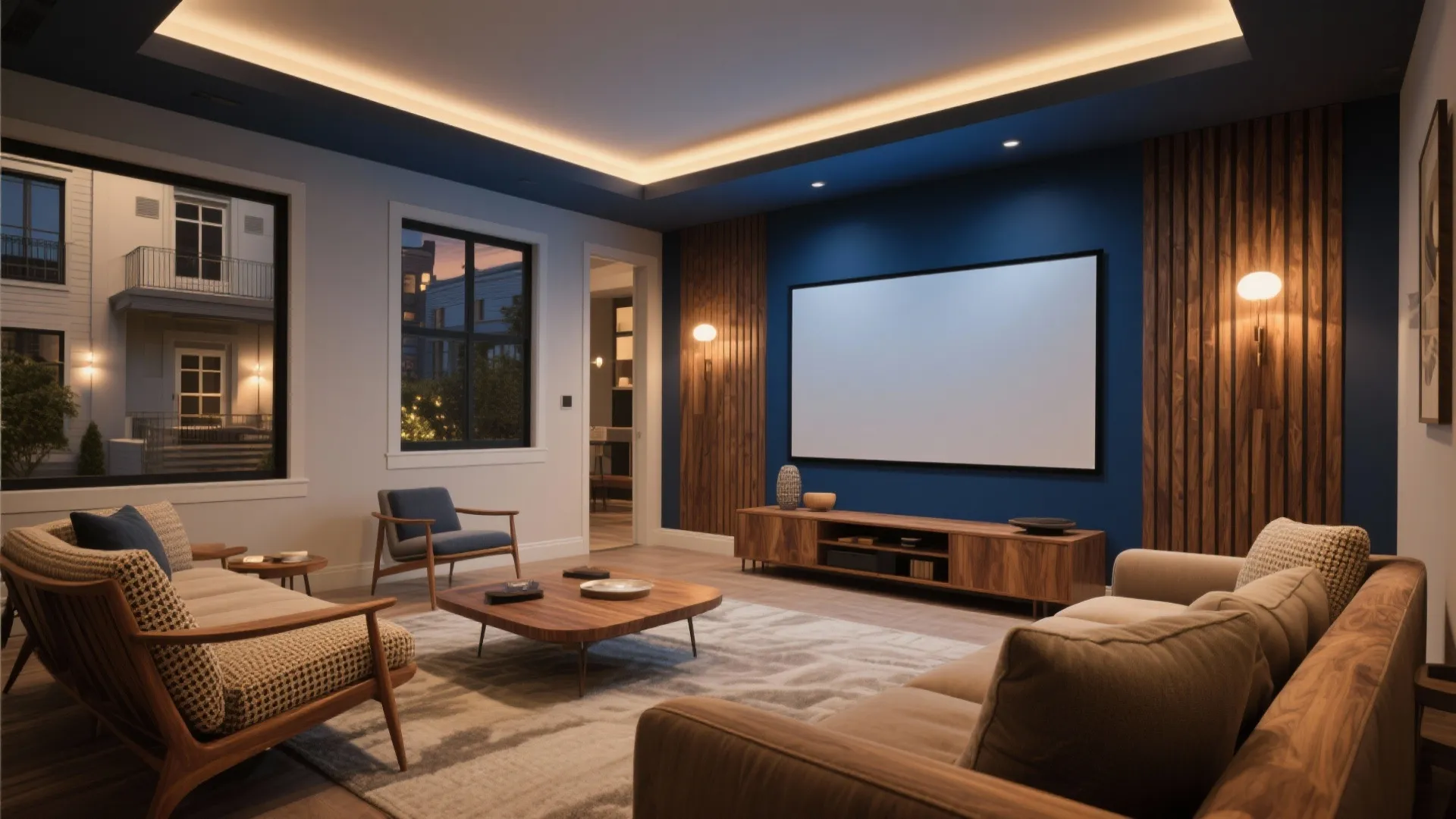 2. Navy Blue with Warm Wood Accents