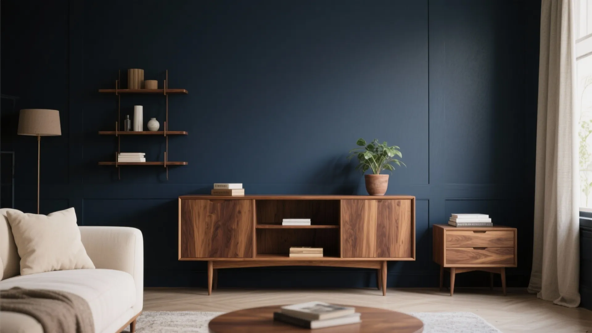 Living room with navy blue wall panel wooden cabinet shelving unit sofa and green potted plant