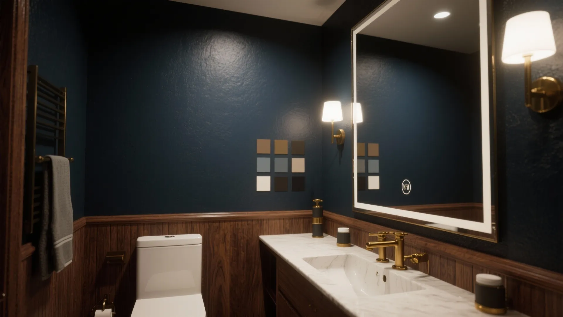 Modern bathroom with navy blue walls wooden wall panel white toilet and marble vanity top