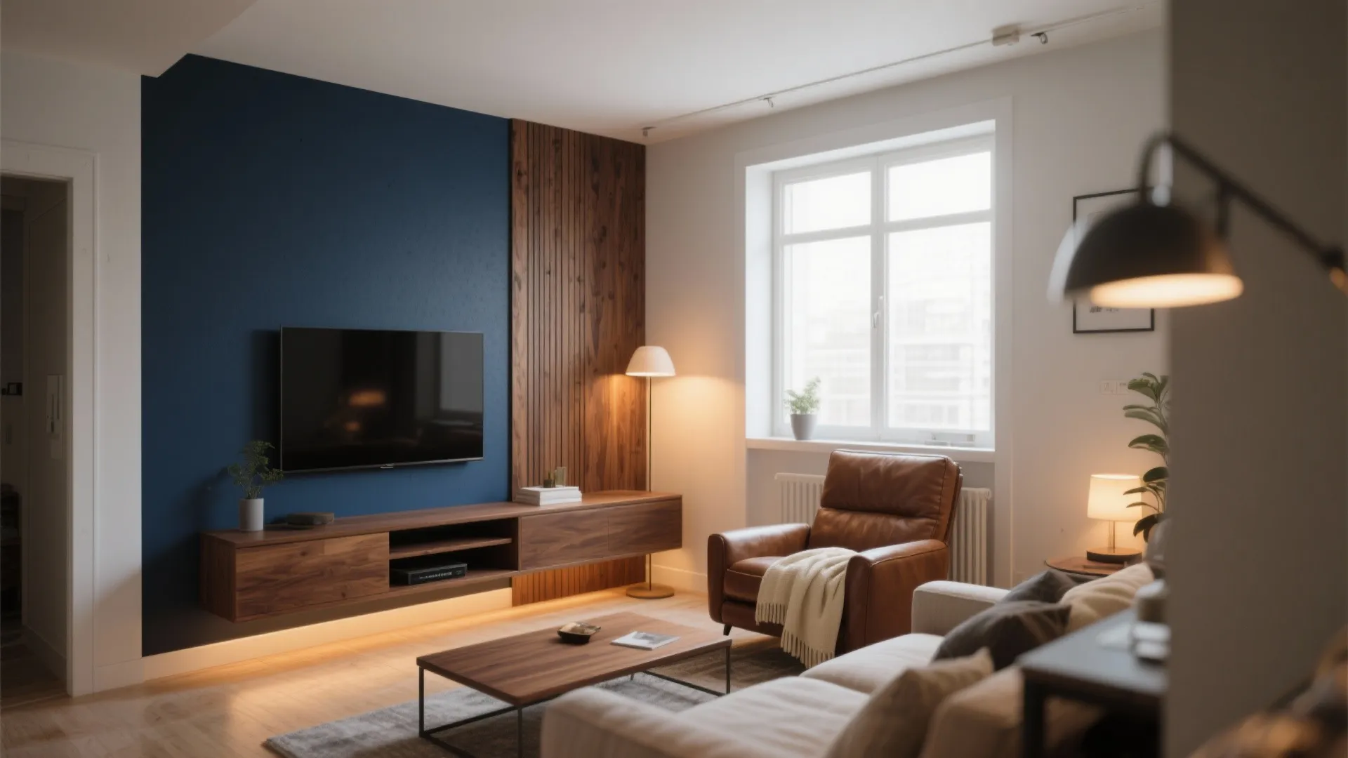 1. Deep Navy Accent Wall + Warm Wood Panels