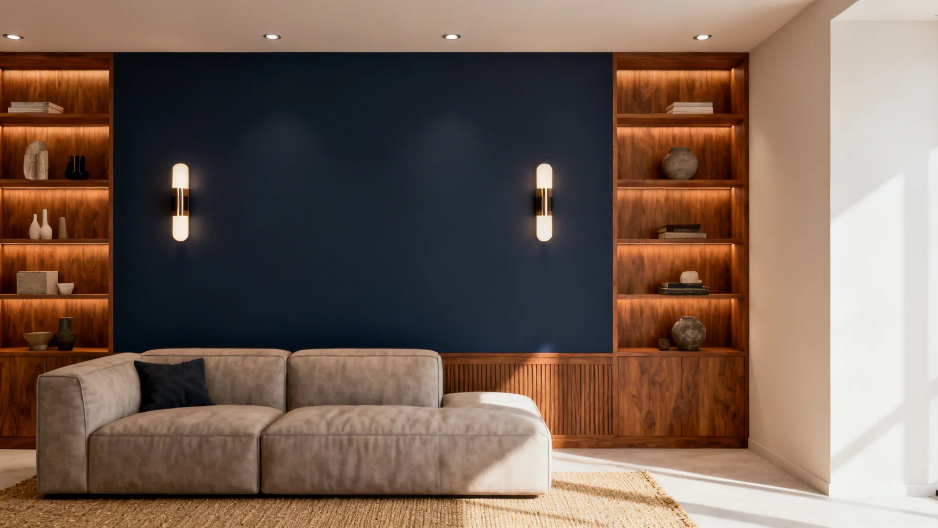 1. Navy Accent Wall with Warm Wood