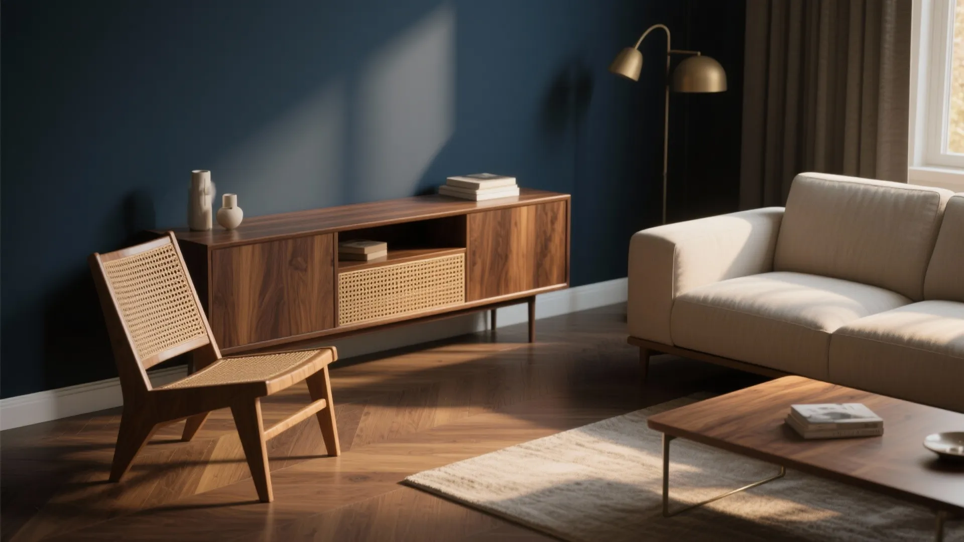 Living room showing dark navy walls balanced by warm walnut furniture and rattan seating.