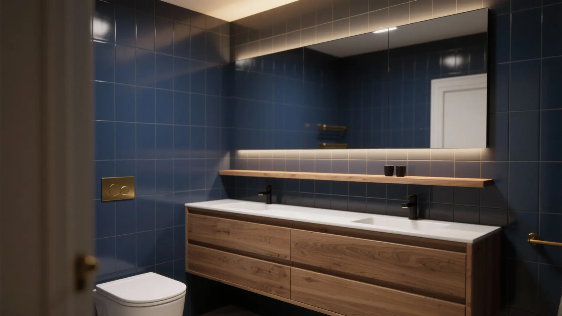 Warm Wood Accents with Deep Navy Tiles