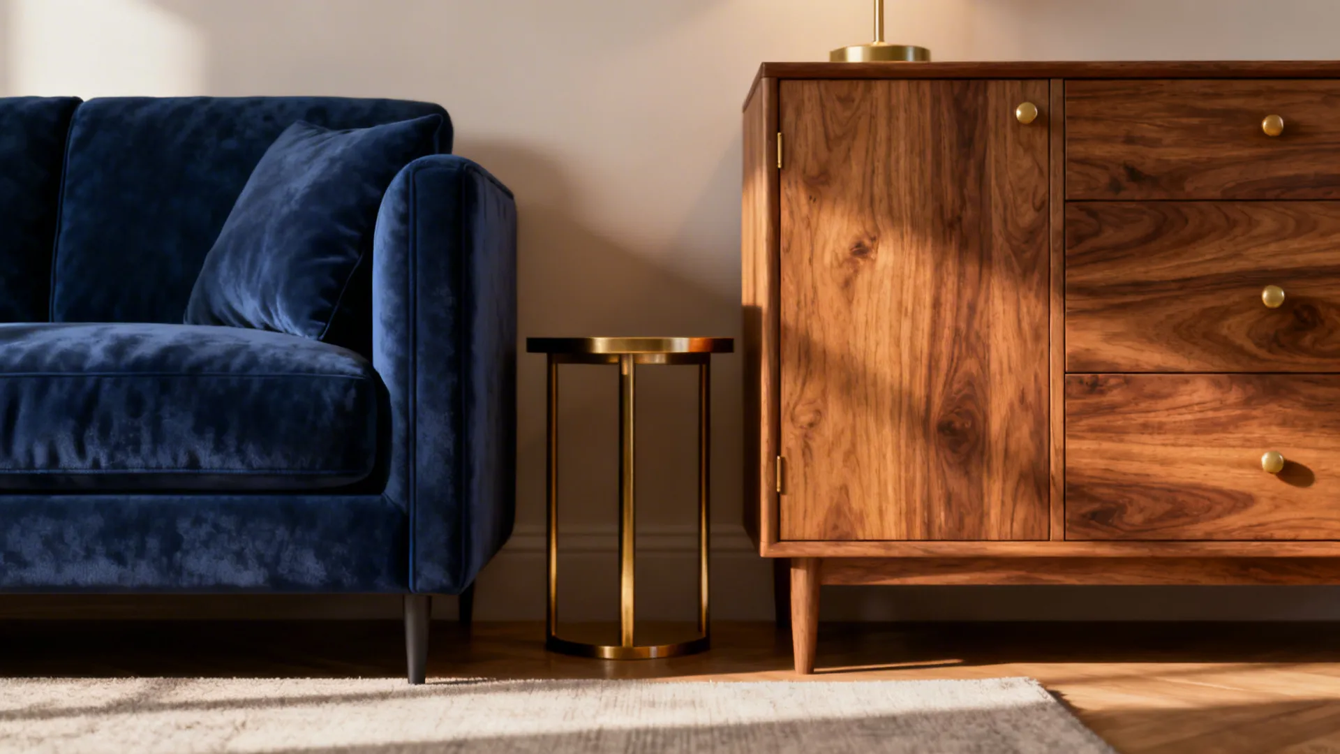 Navy blue sofa next to gold side table and wooden cabinet in bright living room space