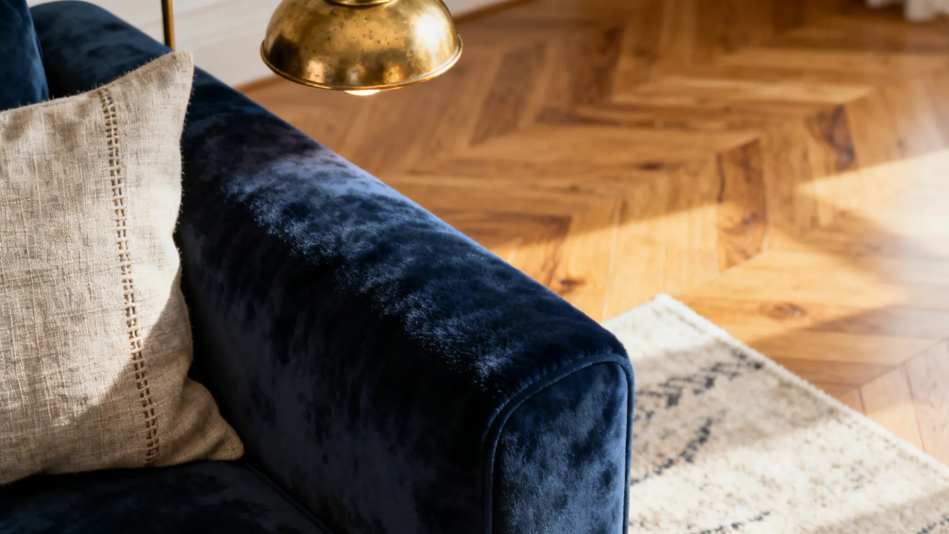 Close-up of navy couch velvet, brass fixture and warm oak floor showcasing textures.