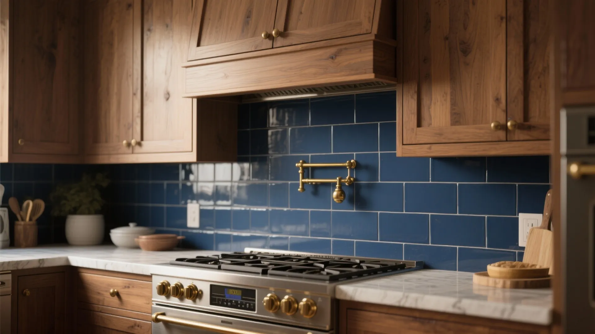 2. Pair Navy Tiles with Warm Wood Cabinets