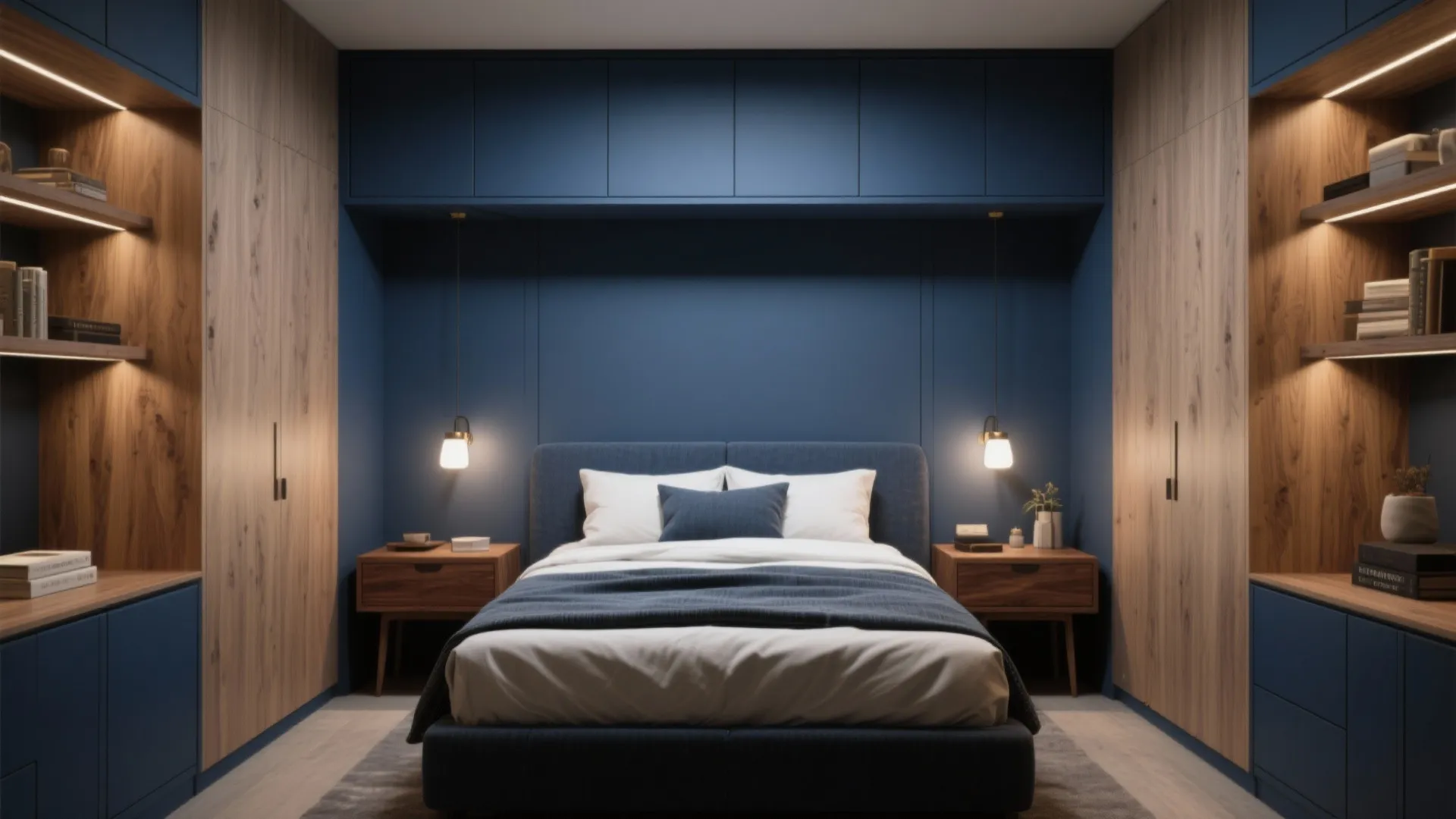 Navy Contrast with Warm Wood Accents