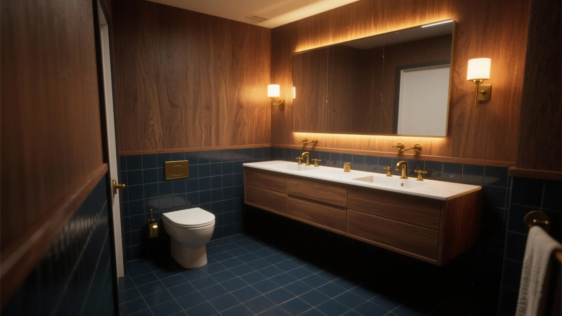 3. Deep Navy Tiles Paired with Warm Wood Tones
