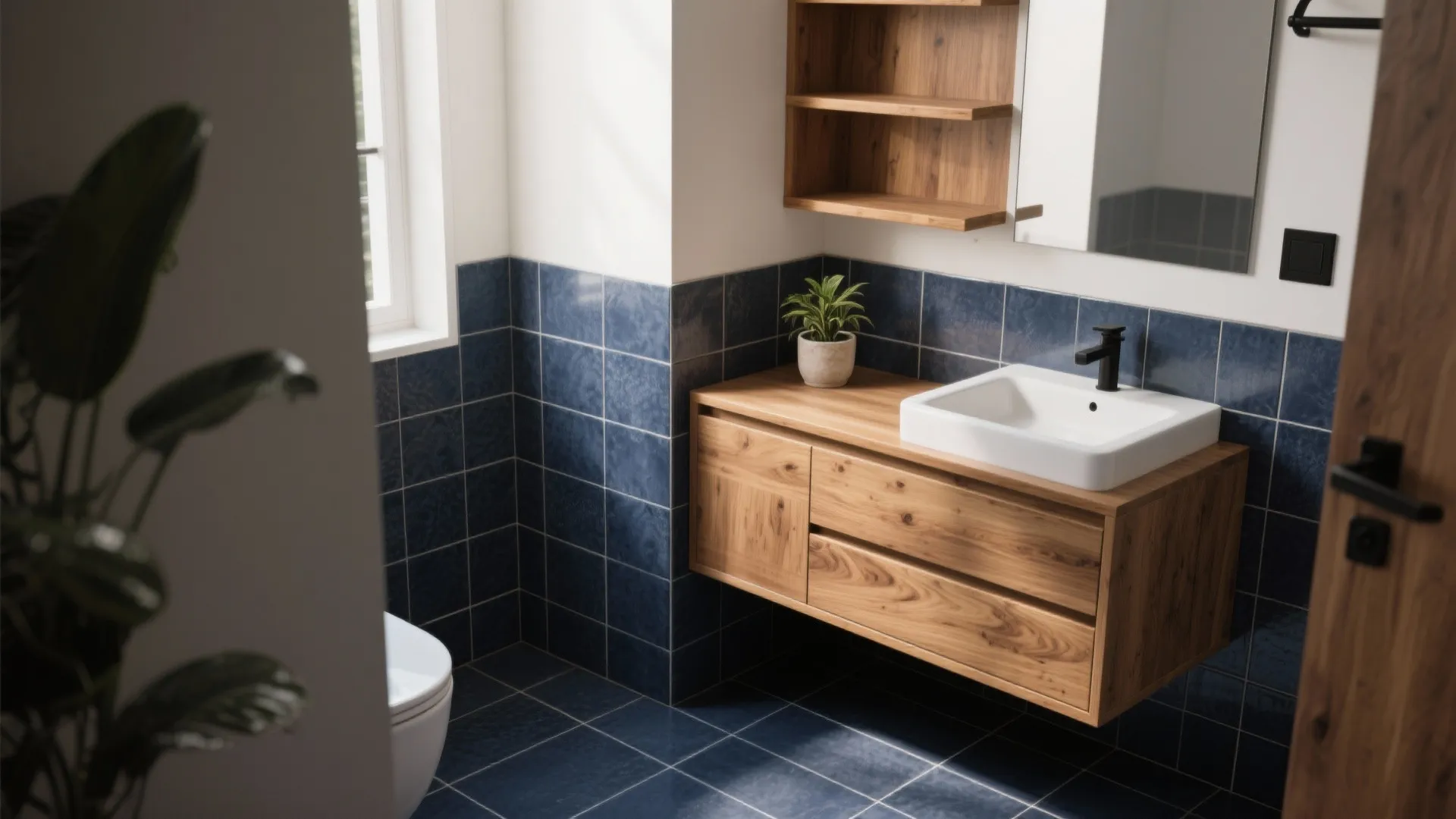 Modern bathroom featuring blue tiles with wooden cabinet white sink and a small green plant