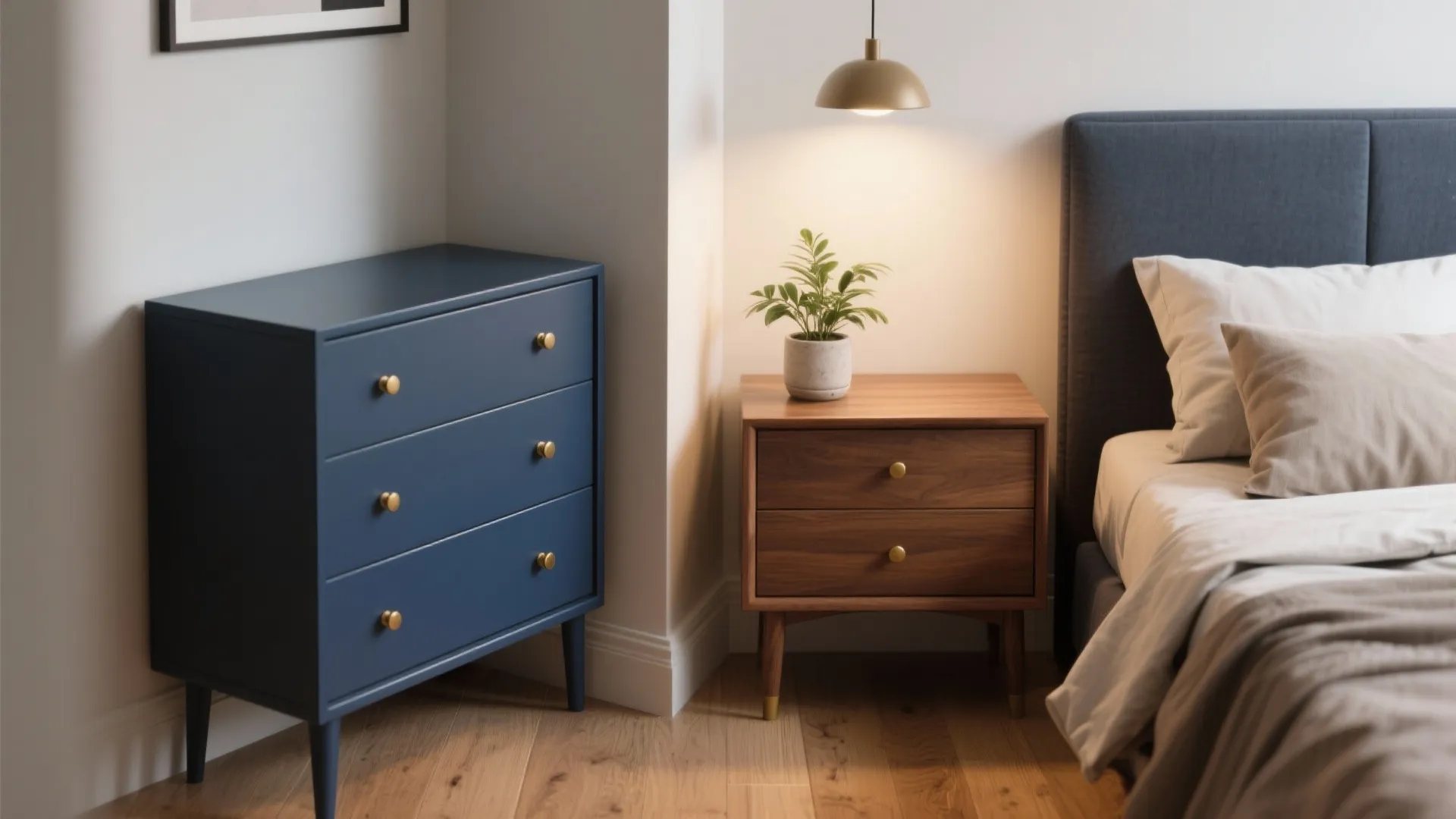Blue bedroom cabinet next to wooden nightstand with plant under a hanging gold ceiling light