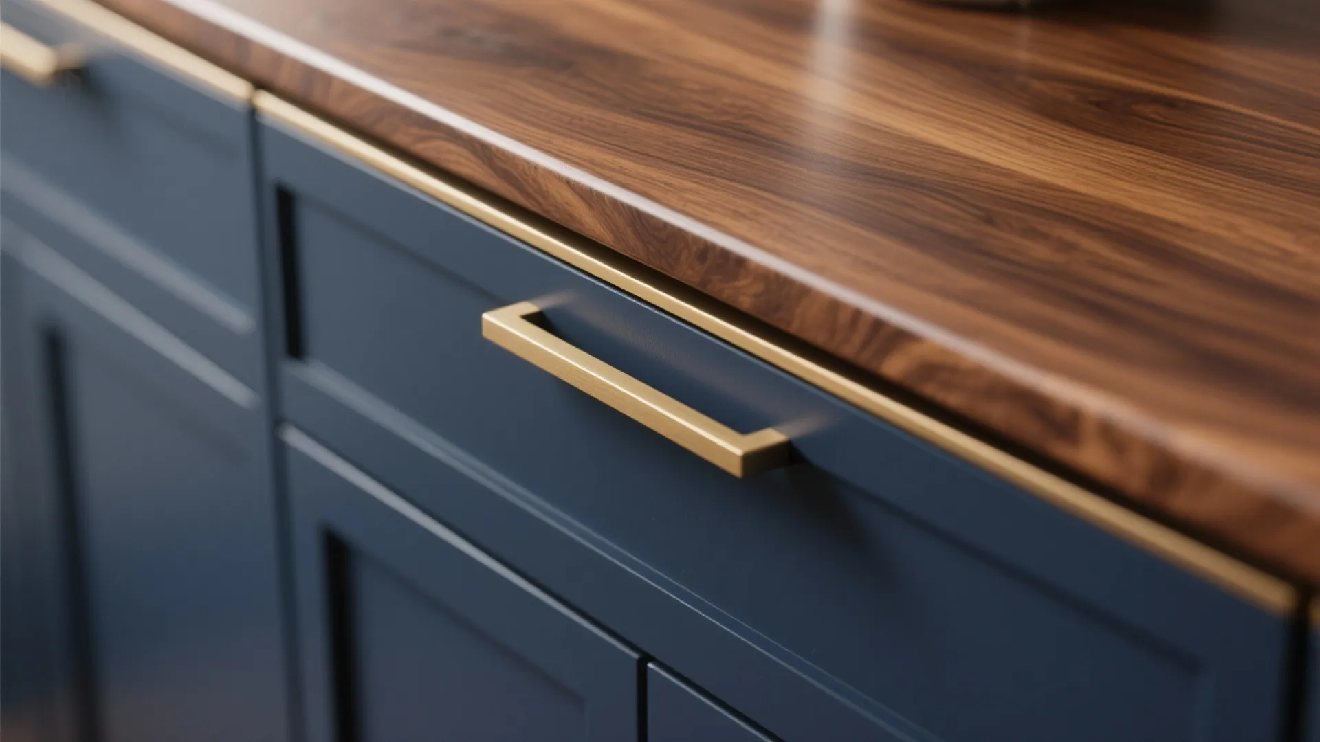 Close up of blue kitchen cabinet drawer with gold handle and dark wood texture countertop