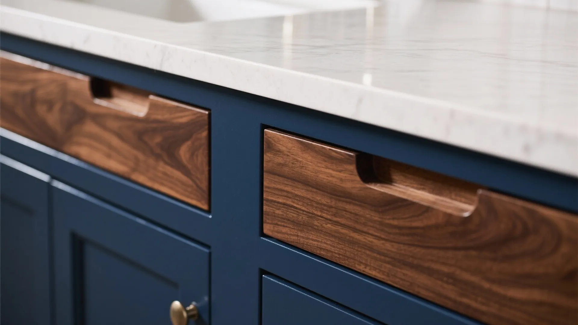 3. Two-tone navy and wood vanity for warmth