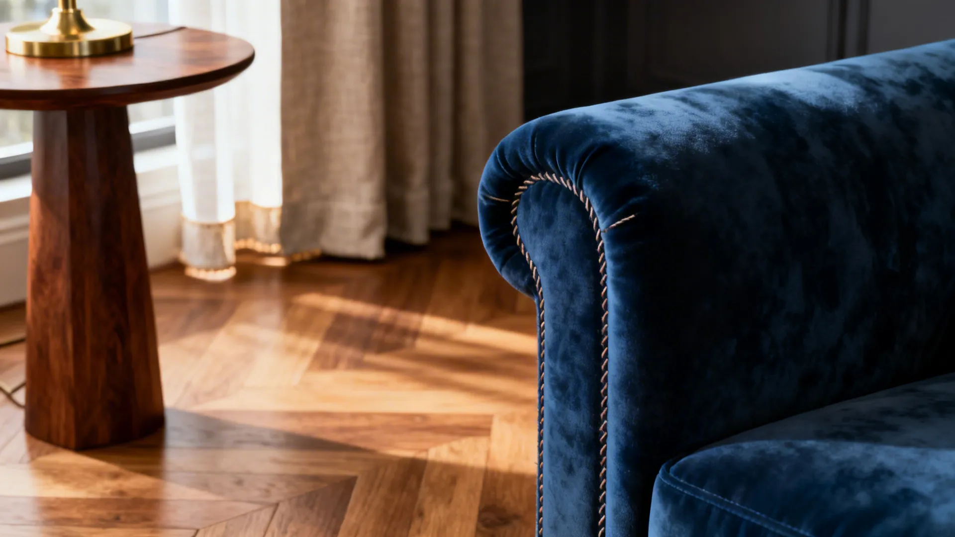 Close up of blue velvet sofa arm with wood side table on brown wooden floor