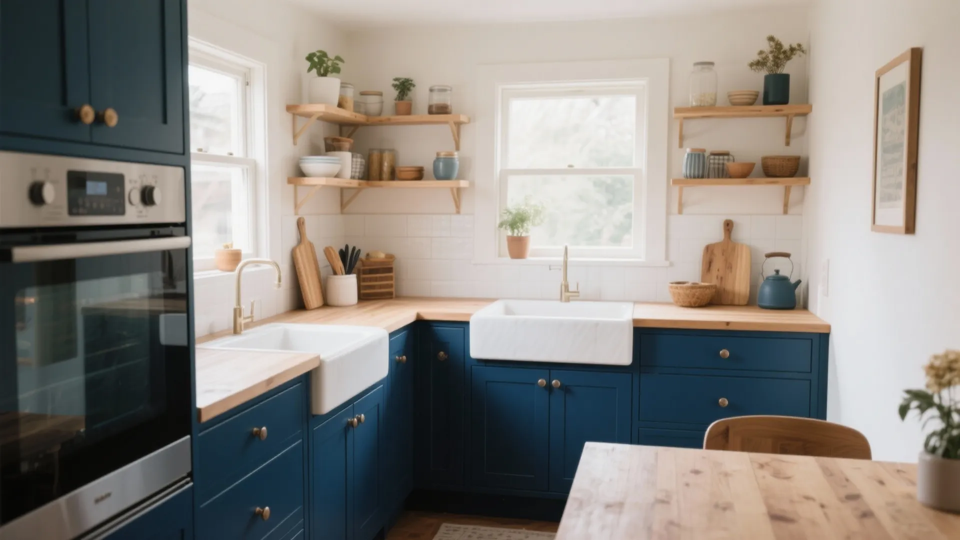 Navy kitchen cabinets paired with natural wood shelving
