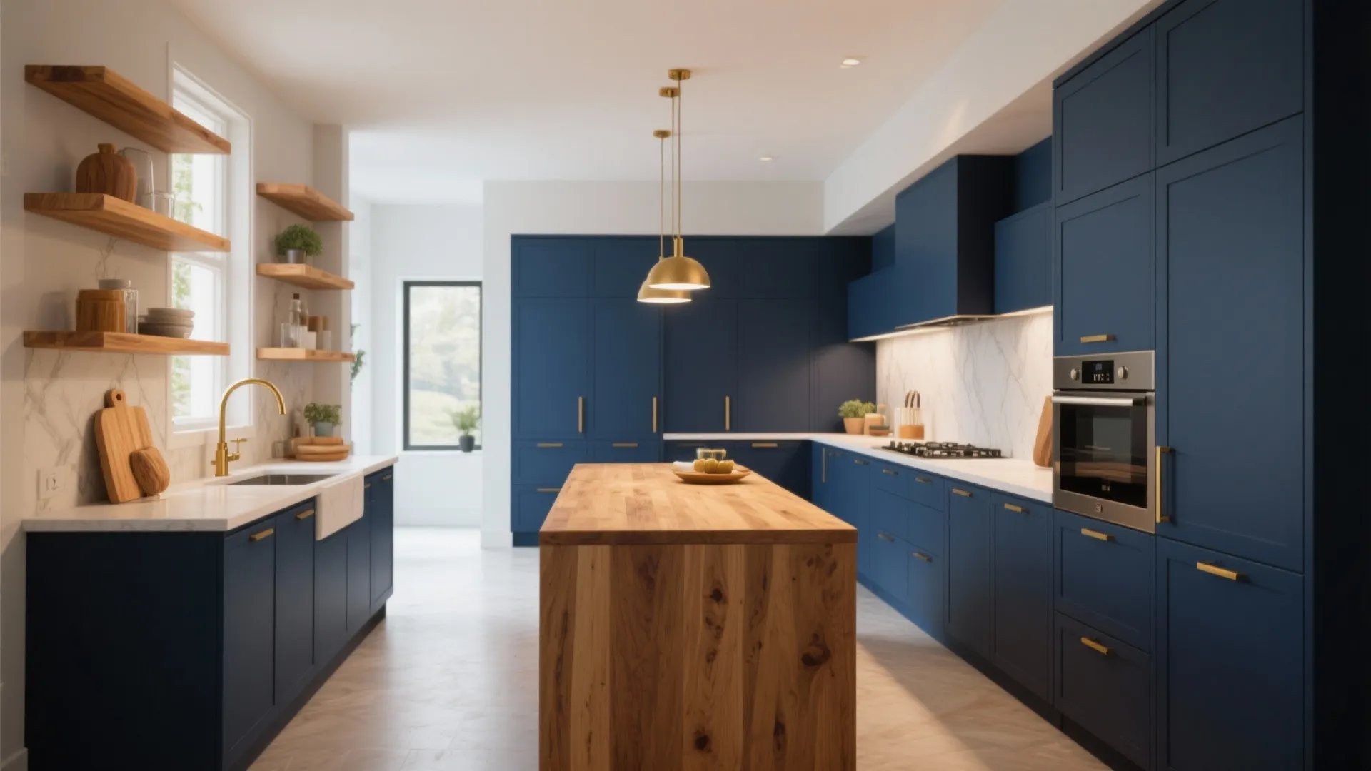 Modern navy blue kitchen with wood island gold ceiling lights white countertops and wooden shelves