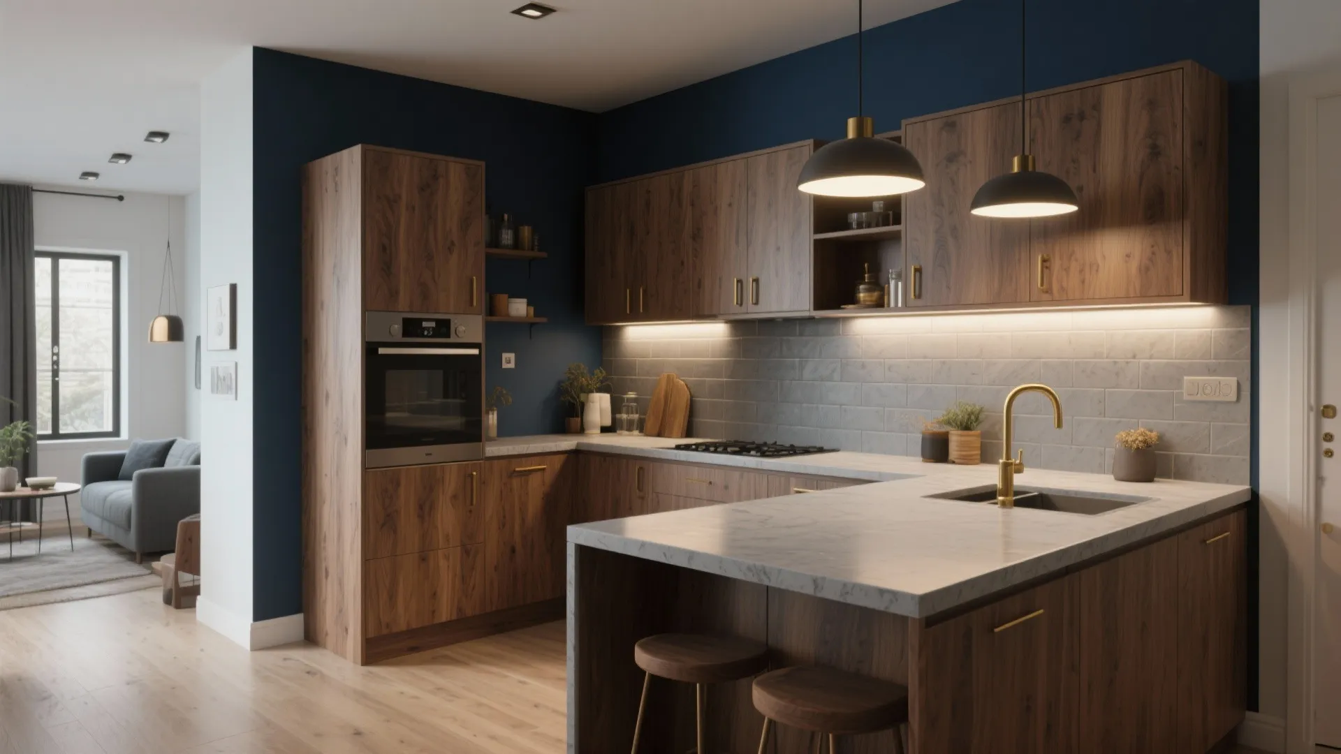 2. Deep Navy with Warm Wood Accents