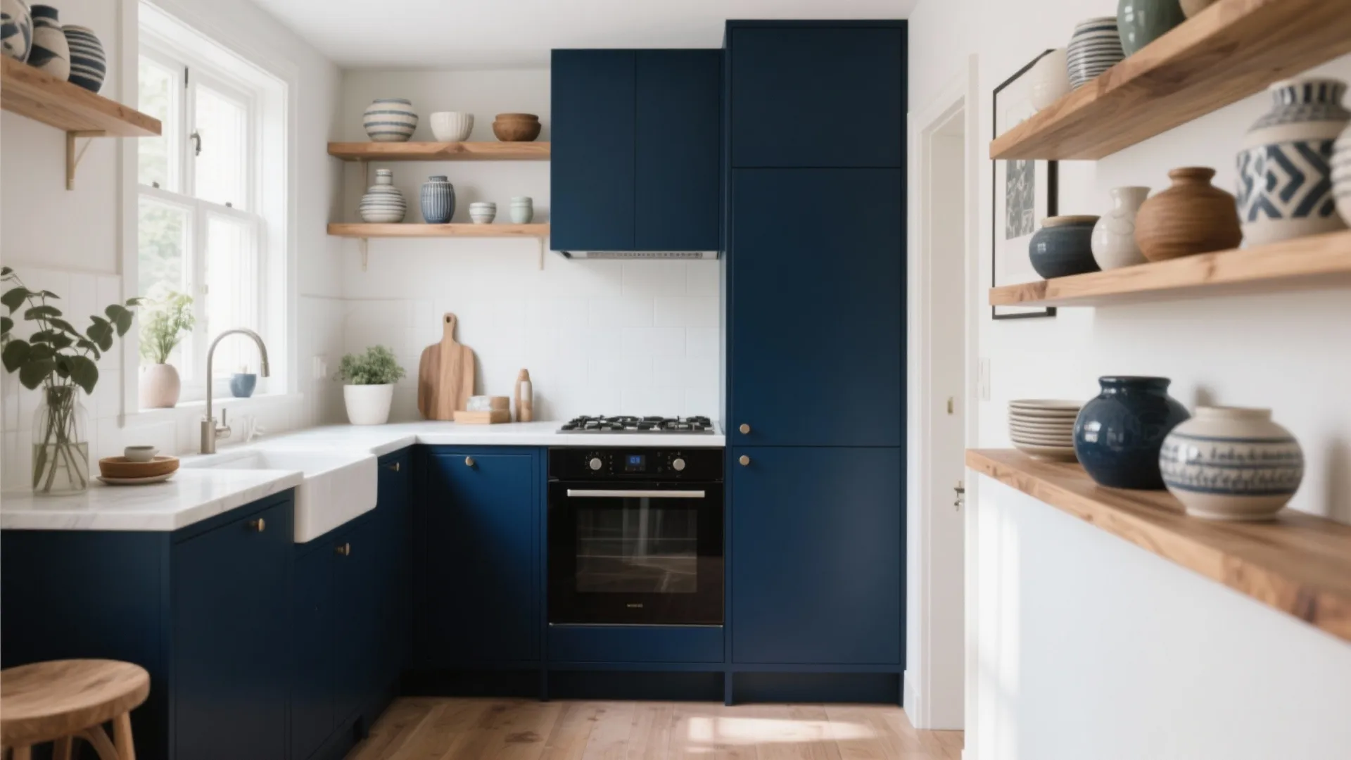Navy blue kitchen with white tiles wooden shelves black oven and many small ceramic bowls vases