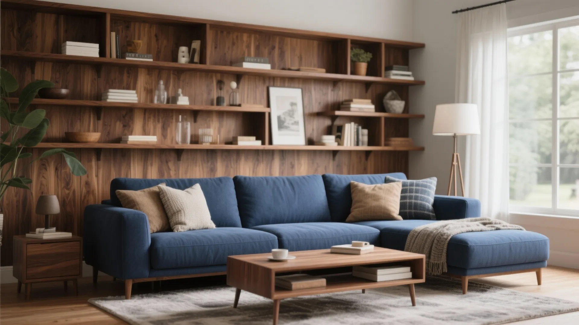Cozy living room with large blue sofa wooden shelves coffee table and white floor light fixture