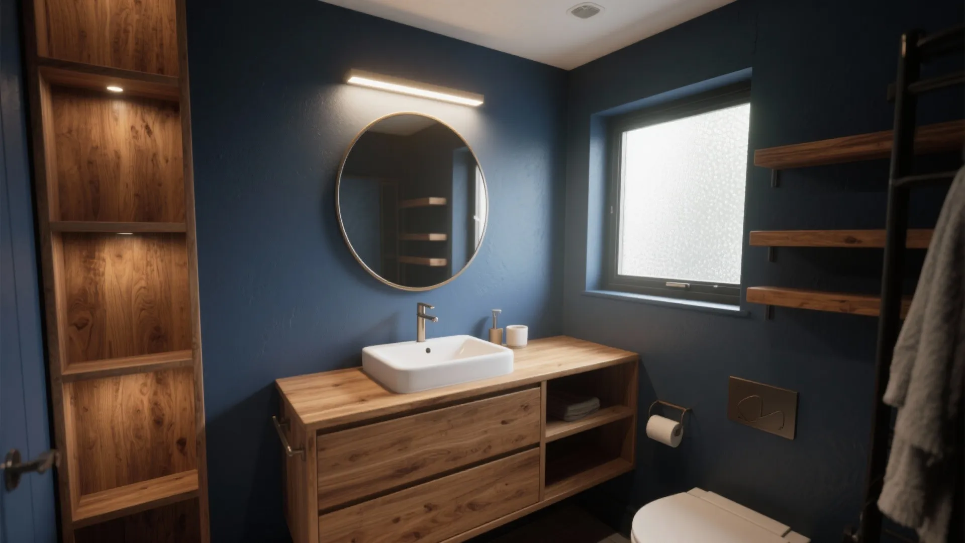 Compact bathroom with oak vanity and muted navy walls, brightened by a large mirror and downlight