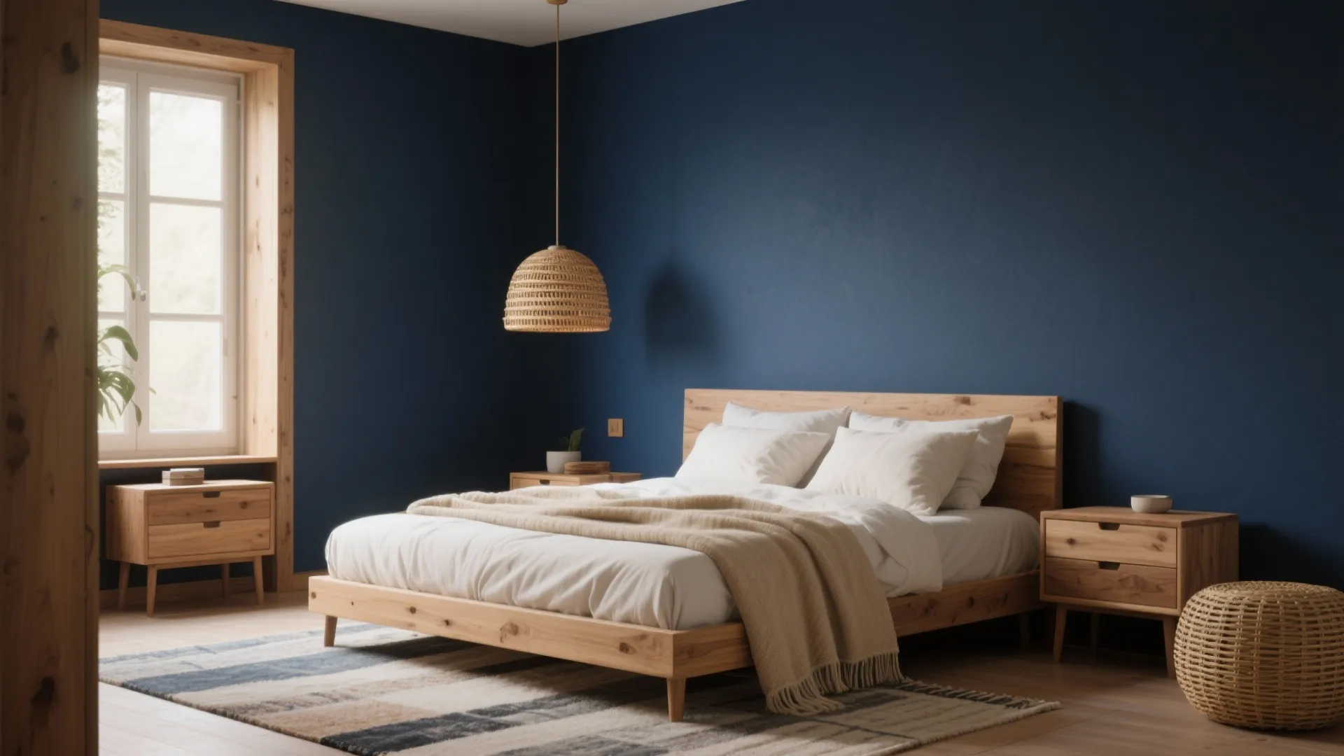 Modern bedroom with navy blue walls wooden bed frame white bedding ceiling light and natural light