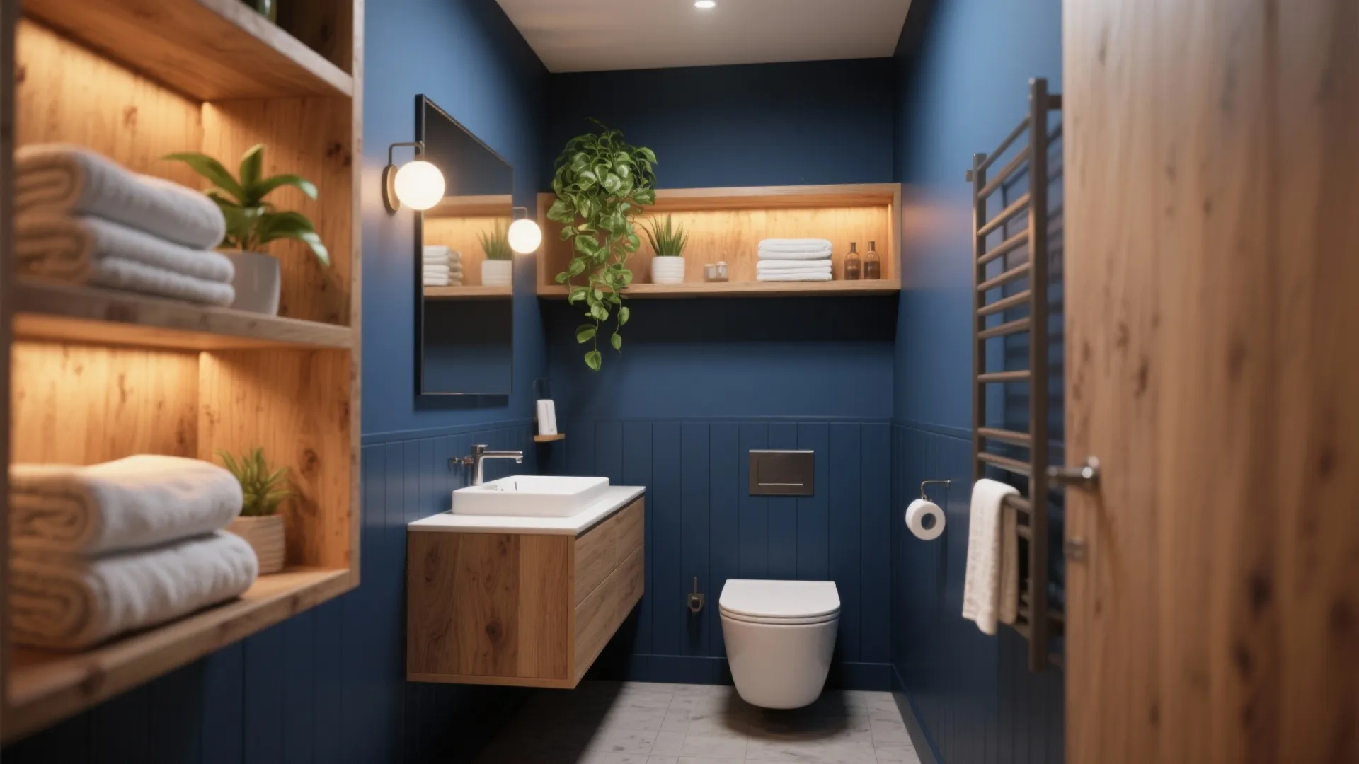 4. Navy and Wood Combination for Warmth