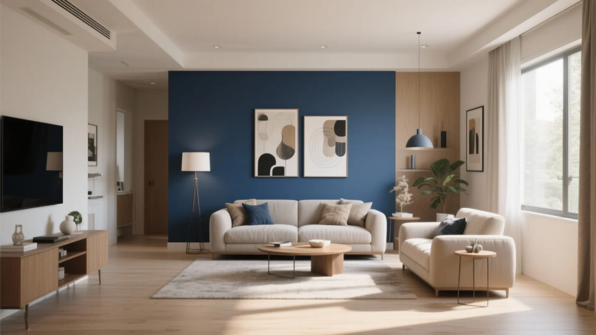 Living room with navy blue focal wall and beige sides