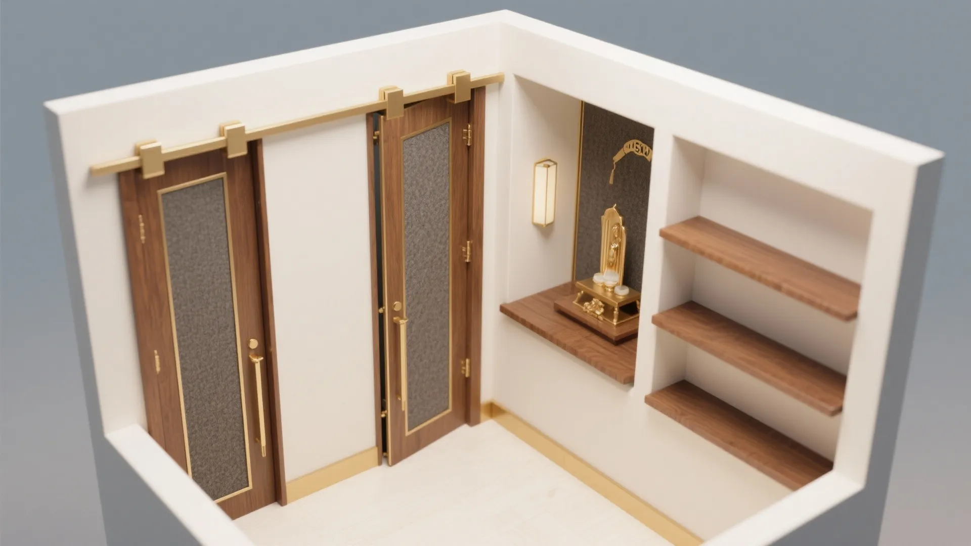 Compact northeast corner shrine with pocket doors