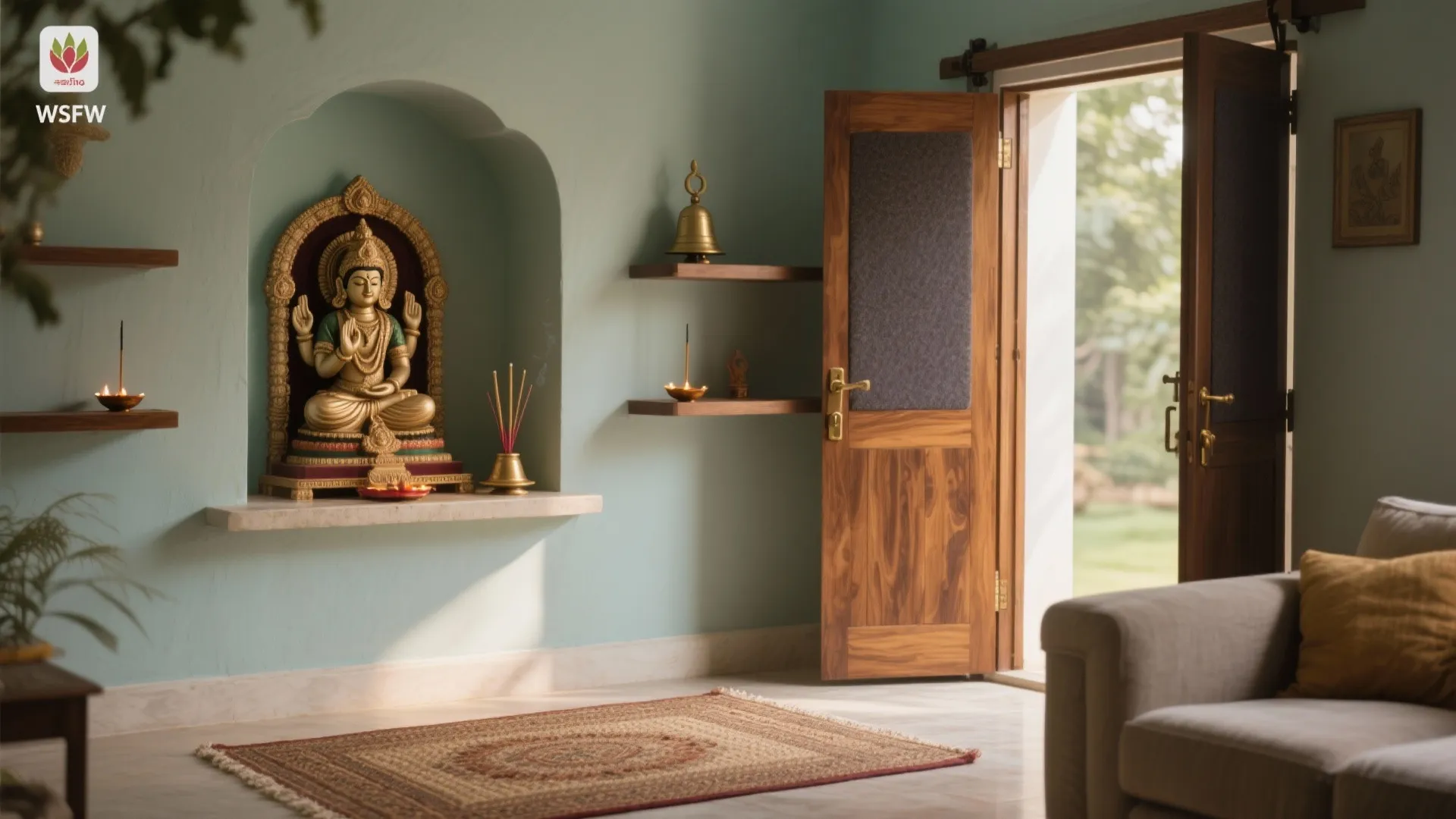 Compact northeast corner shrine with pocket doors