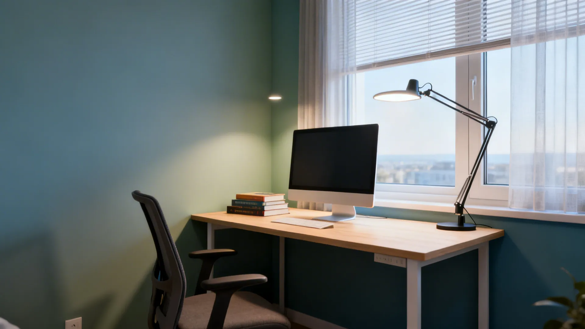 North-east oriented study desk with soft daylight and a 4000K task lamp.