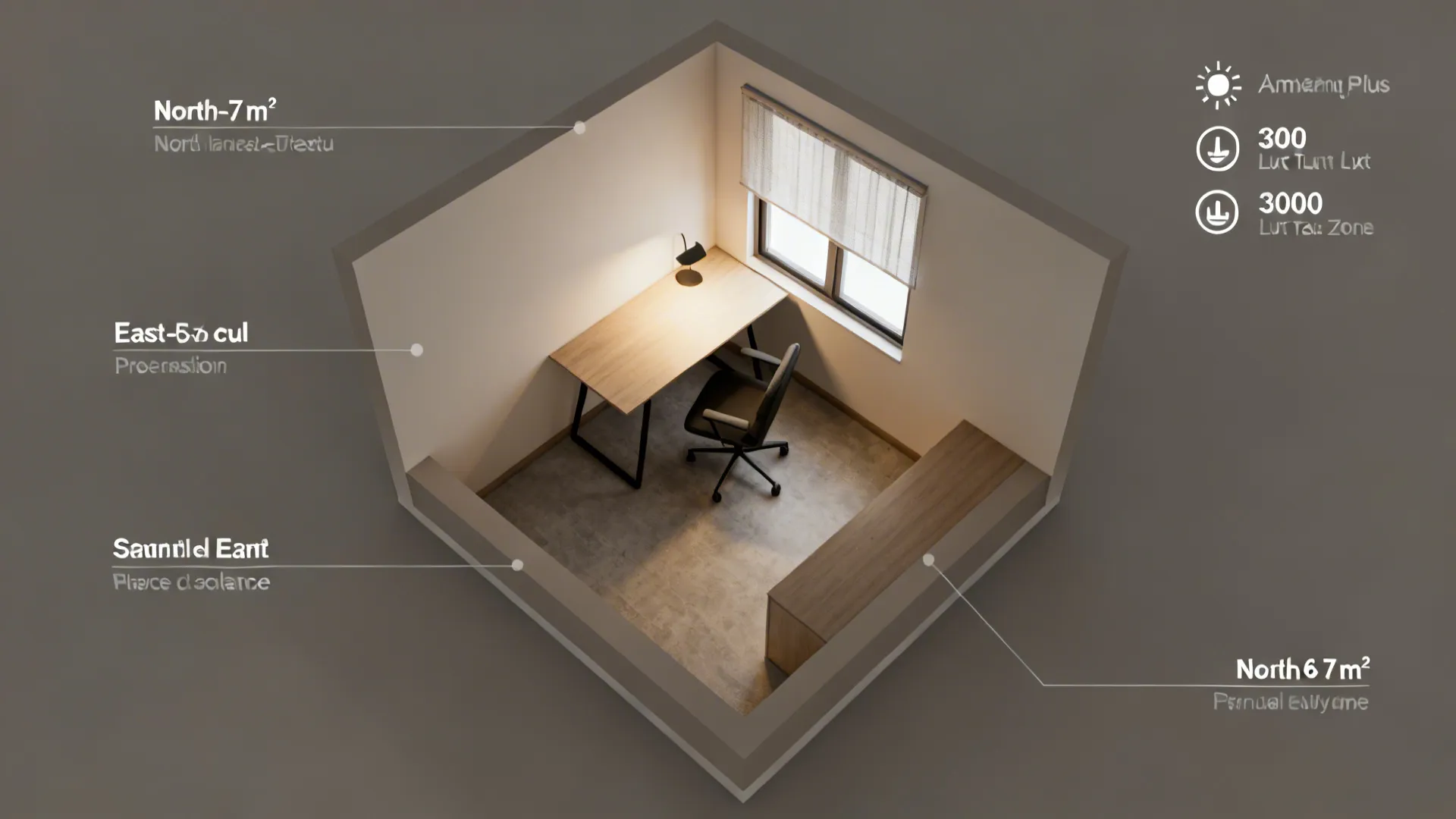 Top-down layout of a small study with a north-east oriented desk and layered lighting.